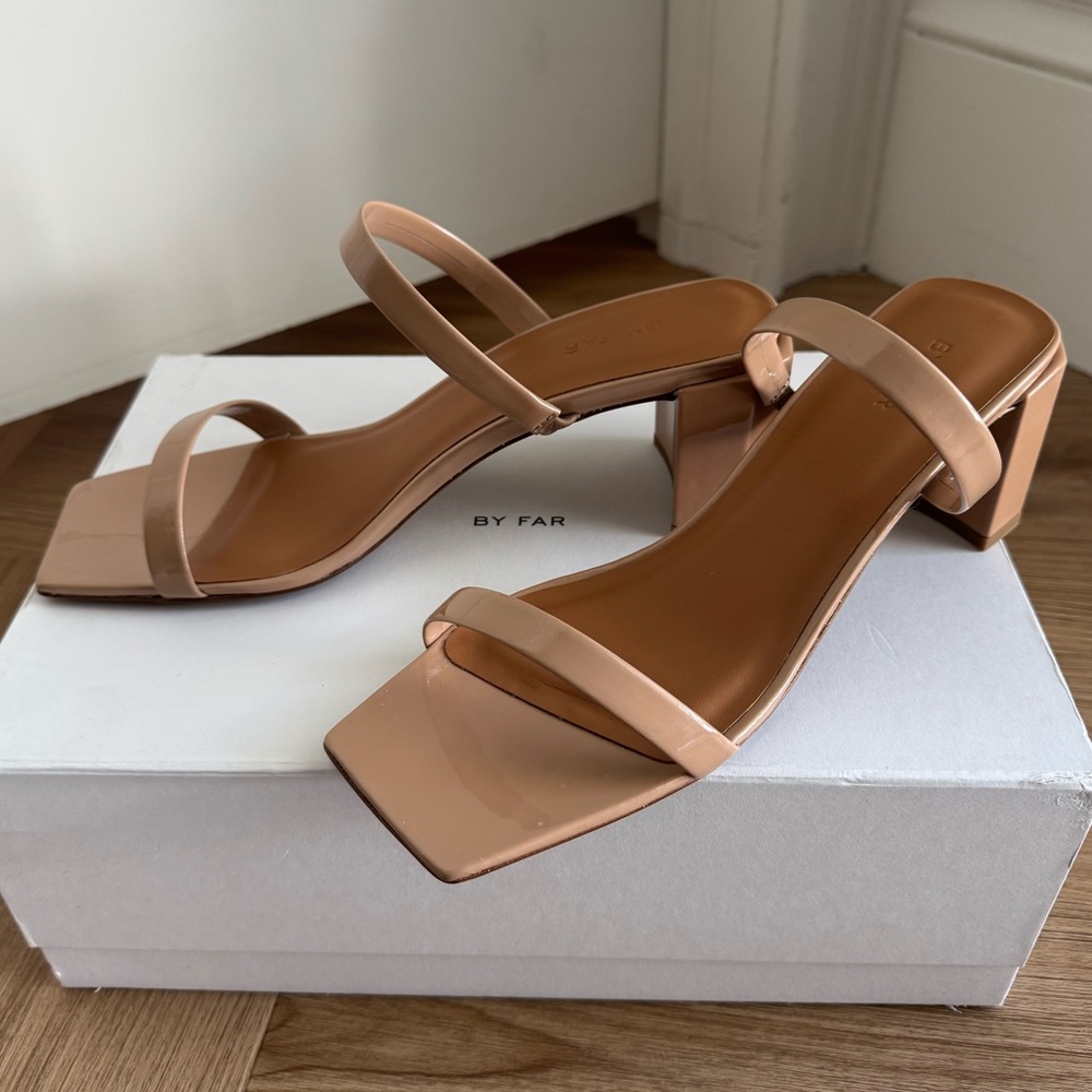 BY FAR Tanya Block Heel Square Toe Sandal in Nude Patent Sz EU 38 US 7.5